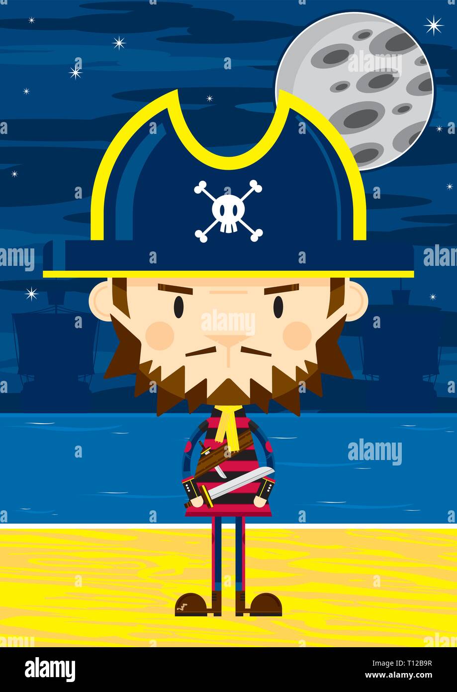 Cartoon Capitano Pirata sulla spiaggia con le navi in Silhouette Illustrazione Vettoriale