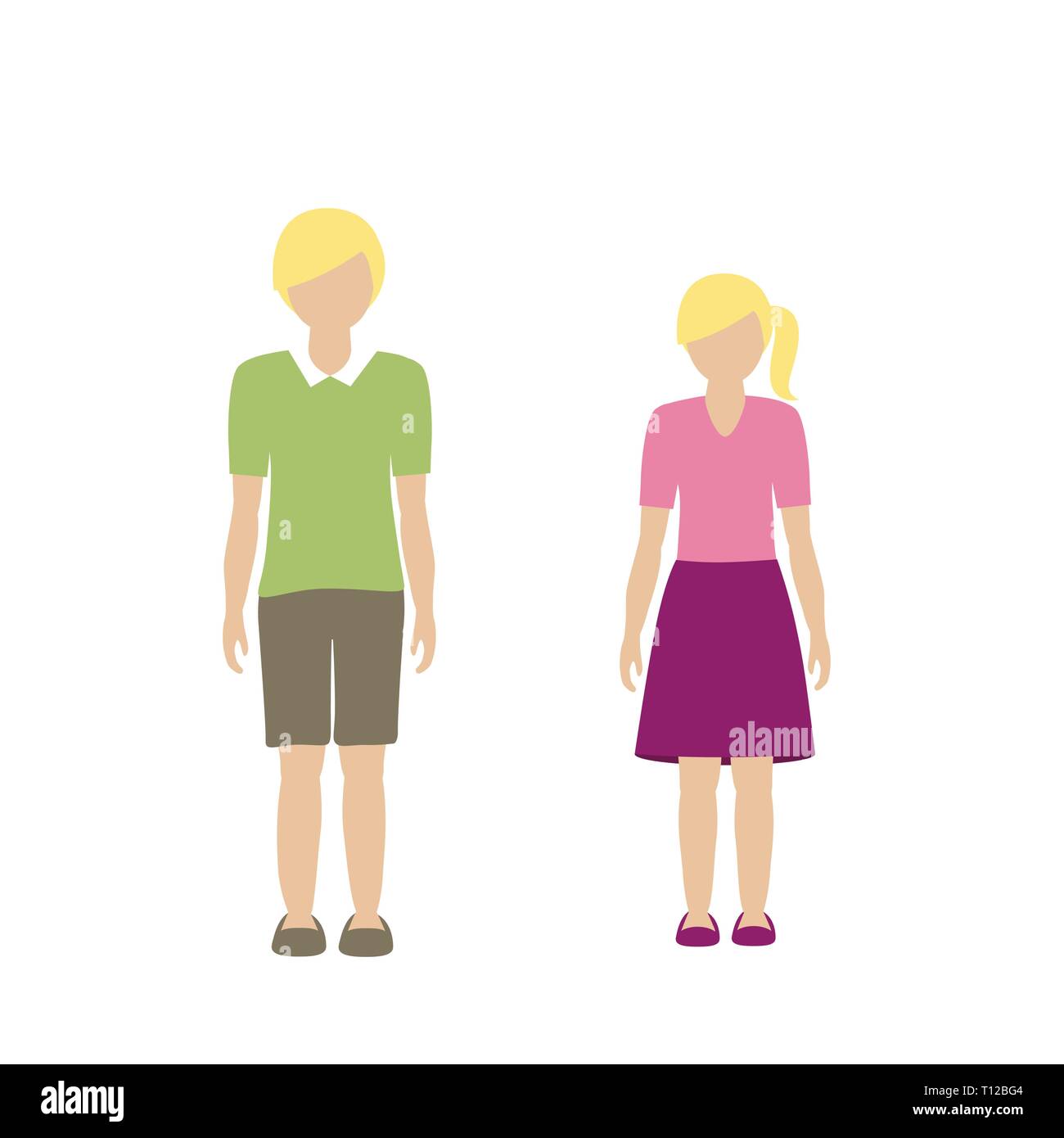 Carattere bambini un ragazzo e una ragazza di luce di colore di pelle e capelli biondi isolati su sfondo bianco illustrazione vettoriale EPS10 Illustrazione Vettoriale