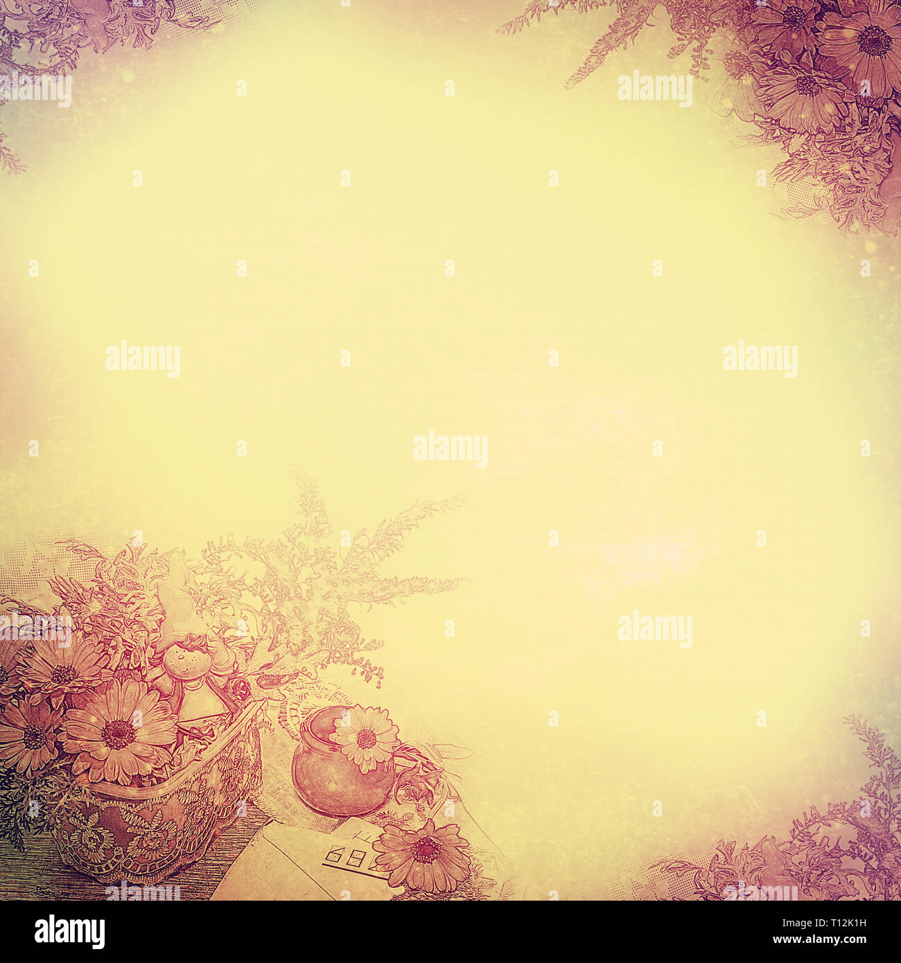 Vintage sfondo con angoli di fiori e composizione, la calendula e lettere, giallo. Il disegno dettagliato. Una base per il disegno o il testo in una ret Foto Stock