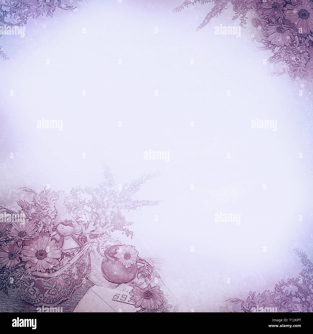 Vintage sfondo con angoli di fiori e composizione, la calendula e lettere, lilla. Il disegno dettagliato. Una base per il disegno o il testo in una retr Foto Stock