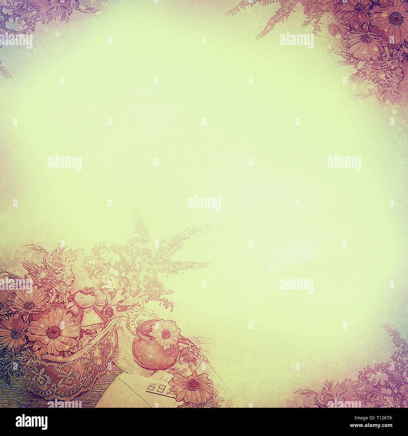 Vintage sfondo con angoli di fiori e composizione, la calendula e lettere, calce. Il disegno dettagliato. Una base per il disegno o il testo in un retrò Foto Stock