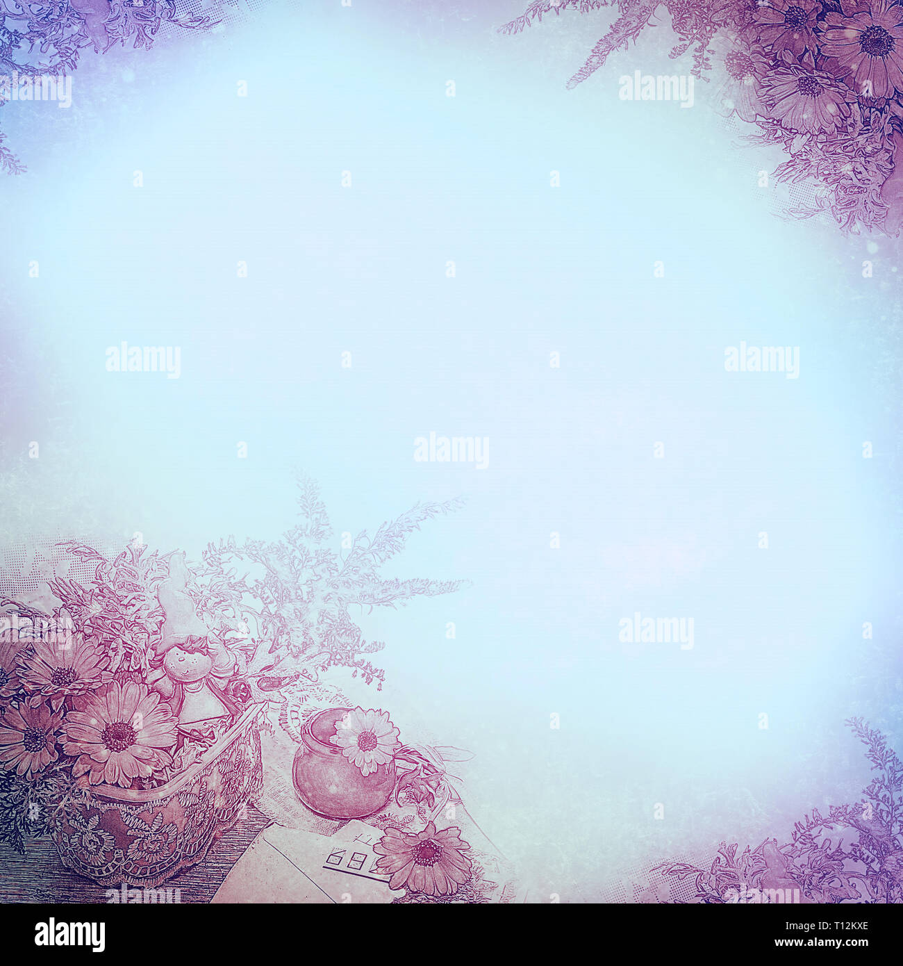 Vintage sfondo con angoli di fiori e composizione, la calendula e lettere, blu. Il disegno dettagliato. Una base per il disegno o il testo in un retrò Foto Stock