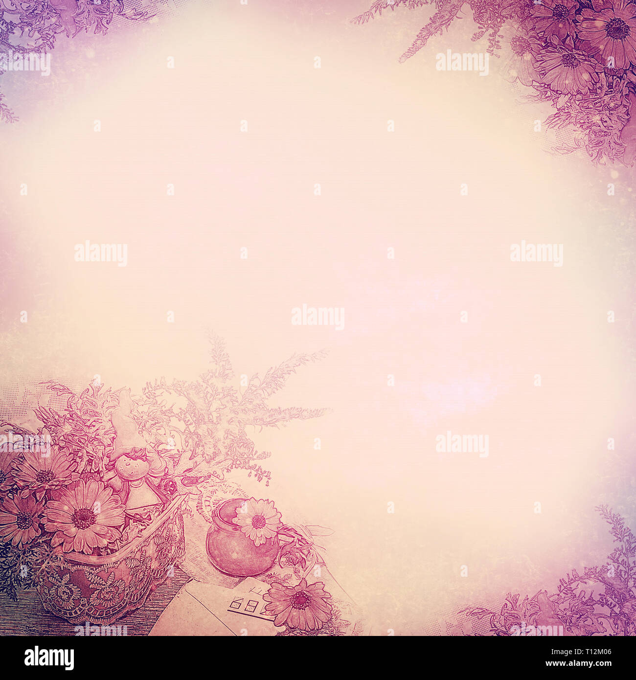 Vintage sfondo con angoli di fiori e composizione, la calendula e lettere, crema. Il disegno dettagliato. Una base per il disegno o il testo in una retr Foto Stock