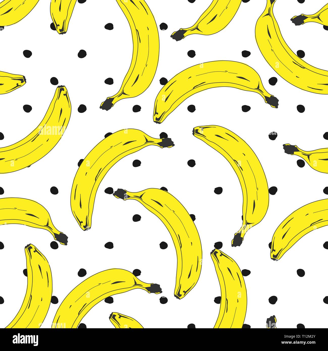 Seamless pop art modello banana casualmente distribuiti su uno sfondo colorato. Stripped o sfondo tratteggiato. Illustrazione Vettoriale. Illustrazione Vettoriale
