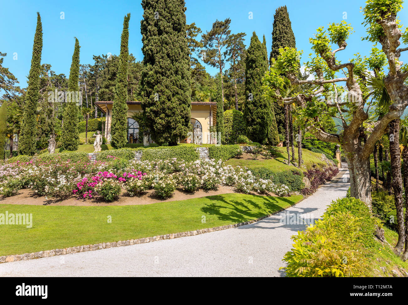 Giardino di Villa Balbianello sul Lago di Como, Lenno, Lombardia, Italia Foto Stock