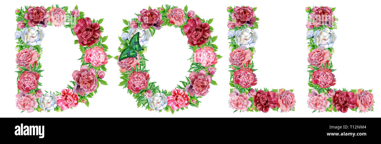 Parola bambola di acquerelli di fiori, isolati disegnati a mano su uno sfondo bianco, design di nozze, alfabeto inglese Foto Stock