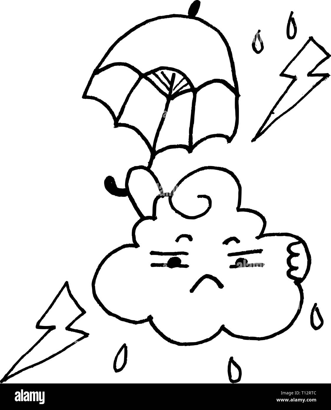 Carino Moody cloud sotto ombrellone storm Illustrazione Vettoriale