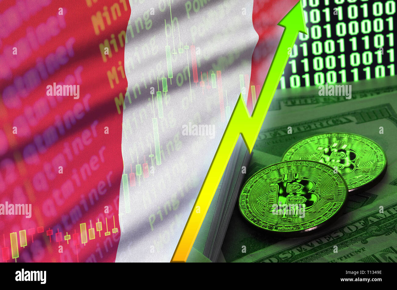 Bandiera del Perù e cryptocurrency trend in crescita con due bitcoins sulle fatture del dollaro e il codice binario display. Concetto di alzare Bitcoin nel prezzo e alta con Foto Stock