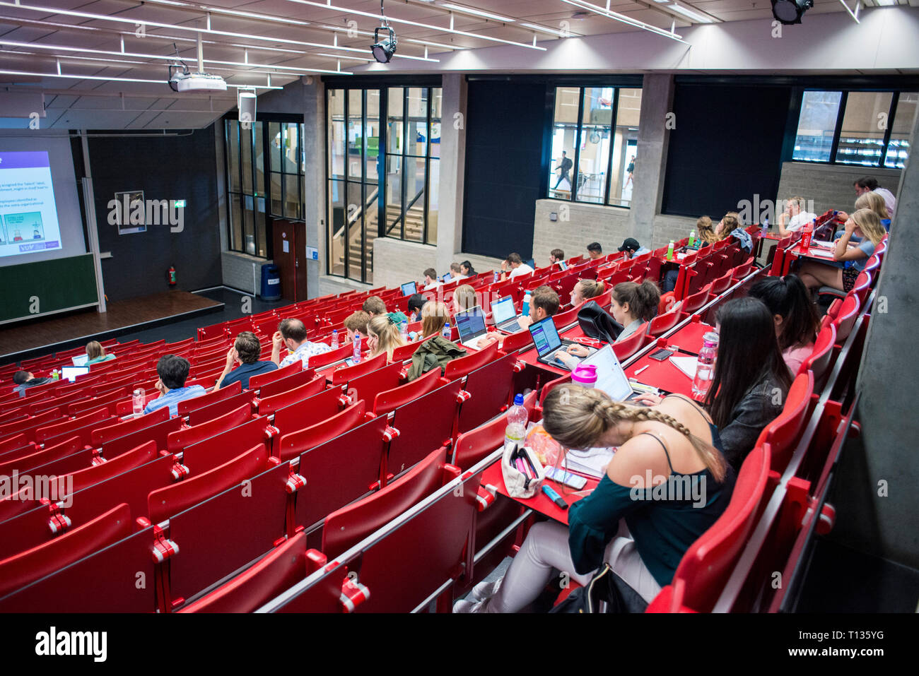 Una grande lezione inclinata theatre classroom in una università olandese. Foto Stock