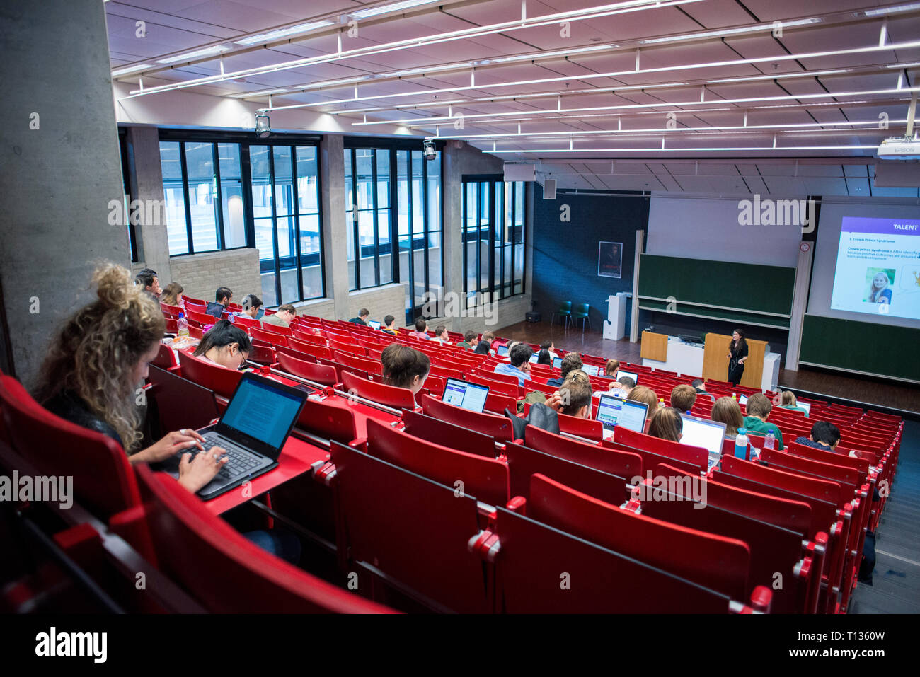 Una grande lezione inclinata theatre classroom in una università olandese. Foto Stock