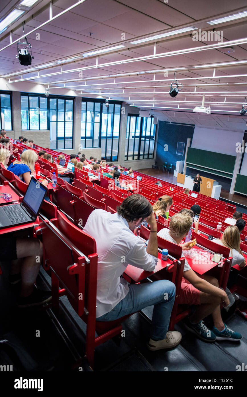 Una grande lezione inclinata theatre classroom in una università olandese. Foto Stock