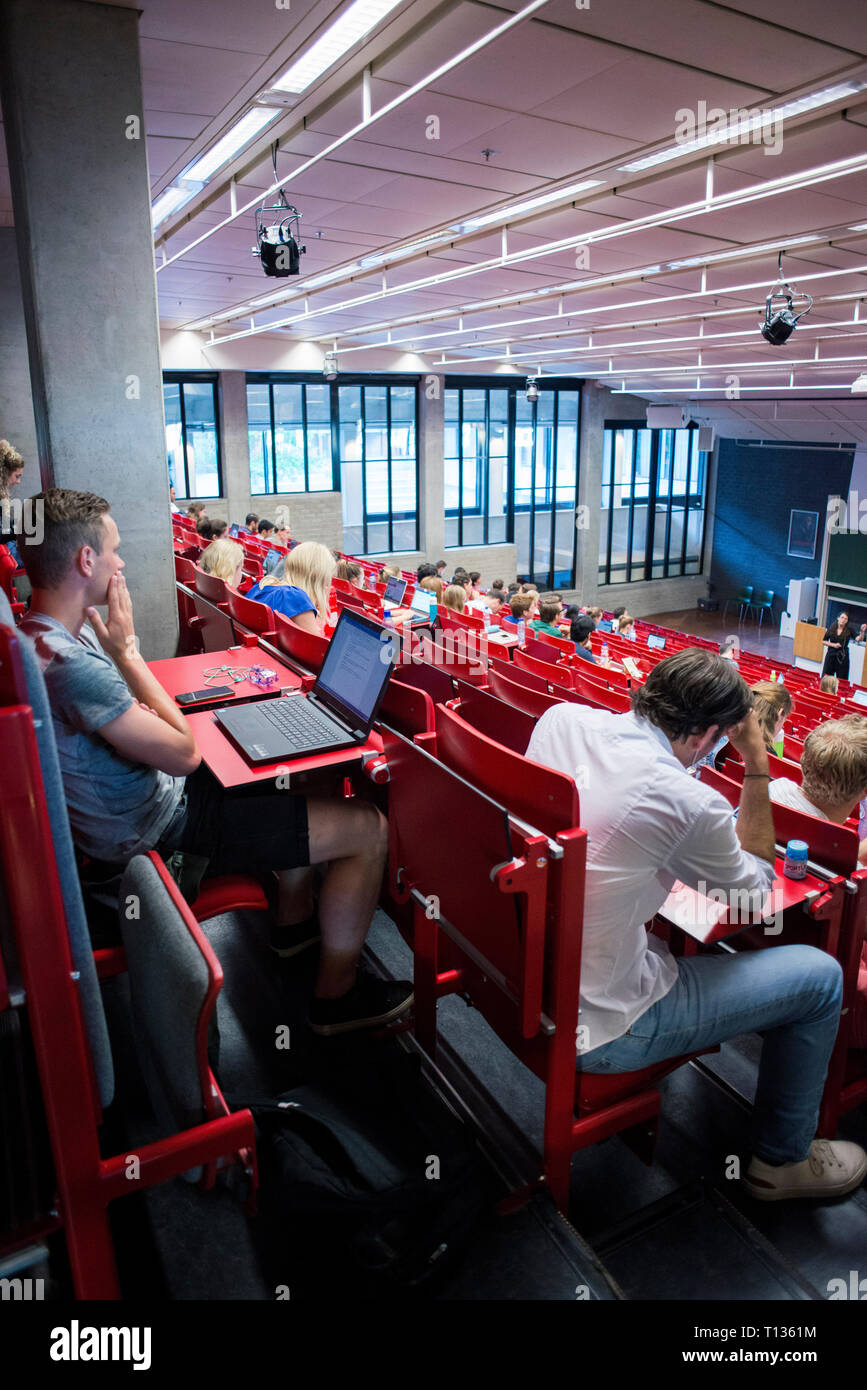 Una grande lezione inclinata theatre classroom in una università olandese. Foto Stock