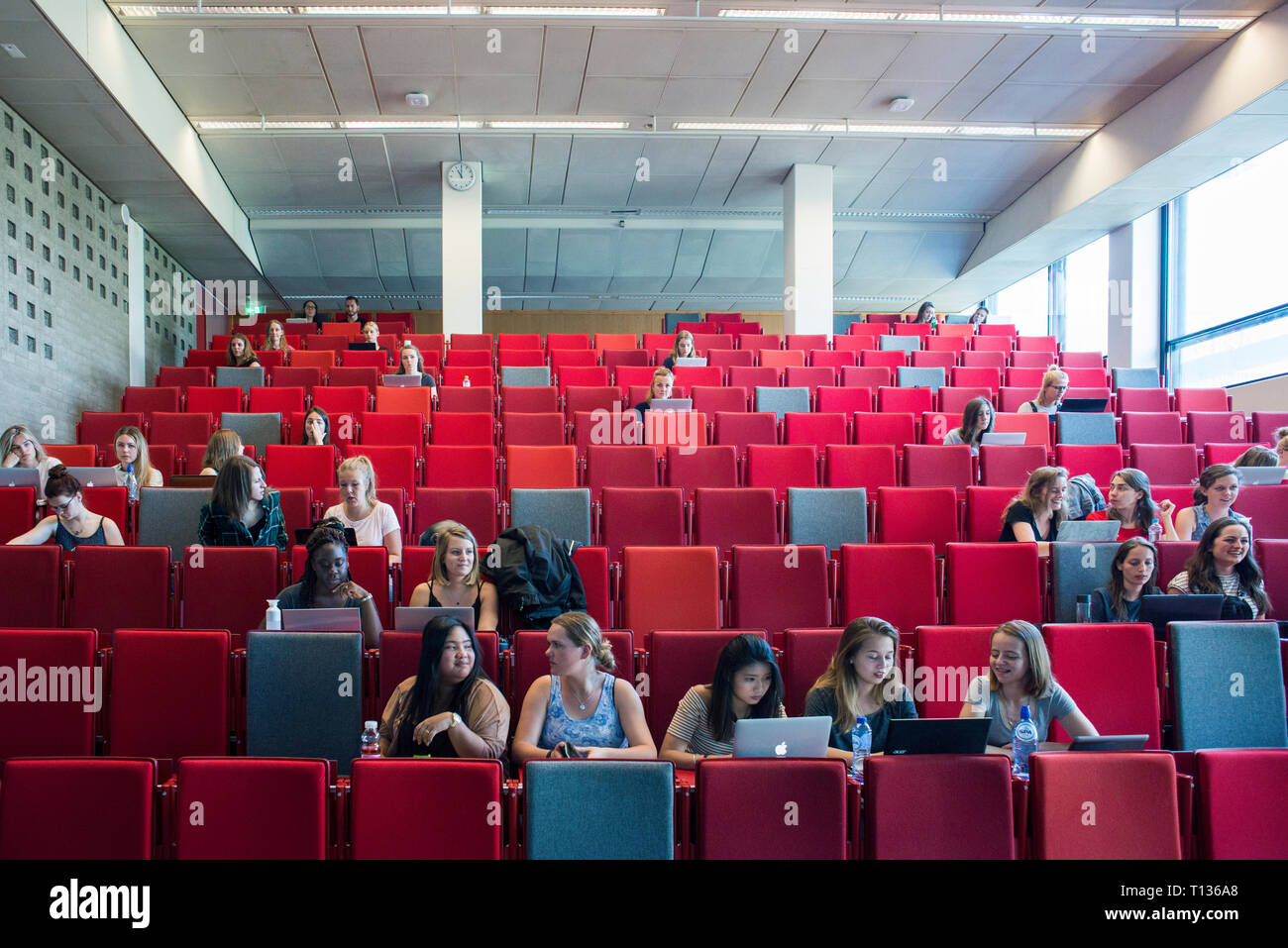 Una grande lezione inclinata theatre classroom in una università olandese. Foto Stock