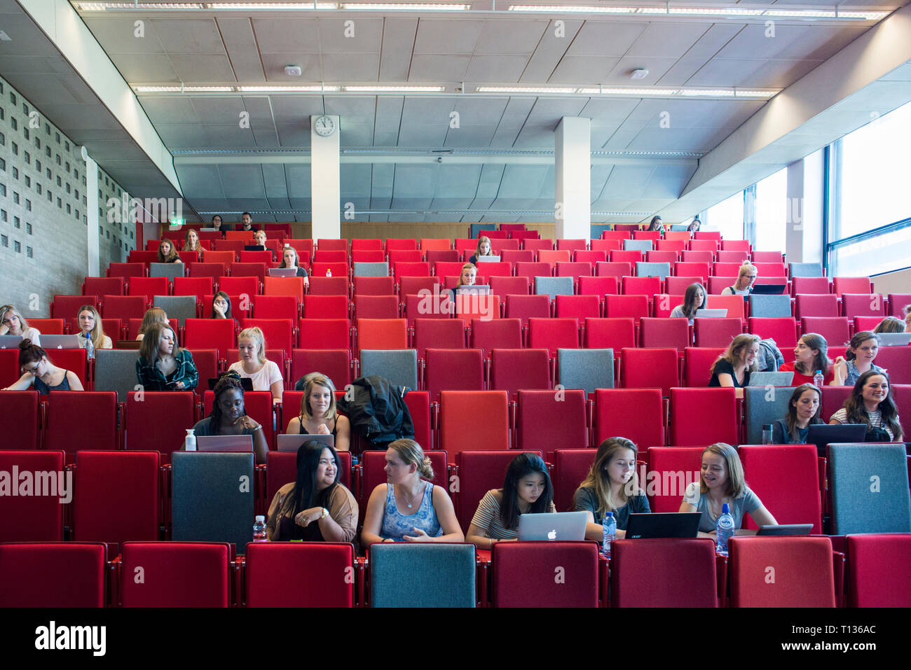 Una grande lezione inclinata theatre classroom in una università olandese. Foto Stock