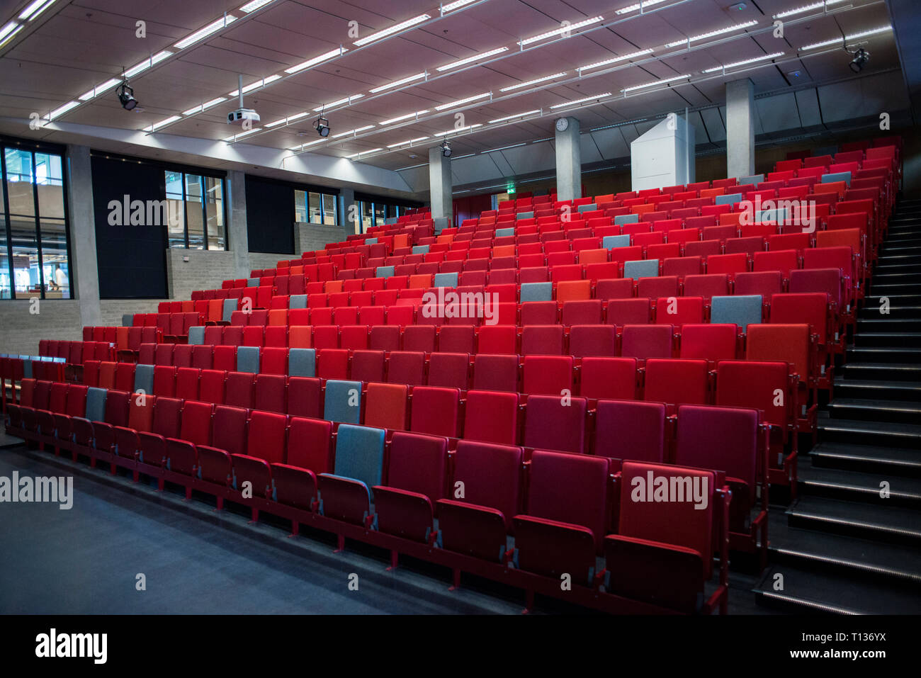 Una grande lezione inclinata theatre classroom in una università olandese. Foto Stock