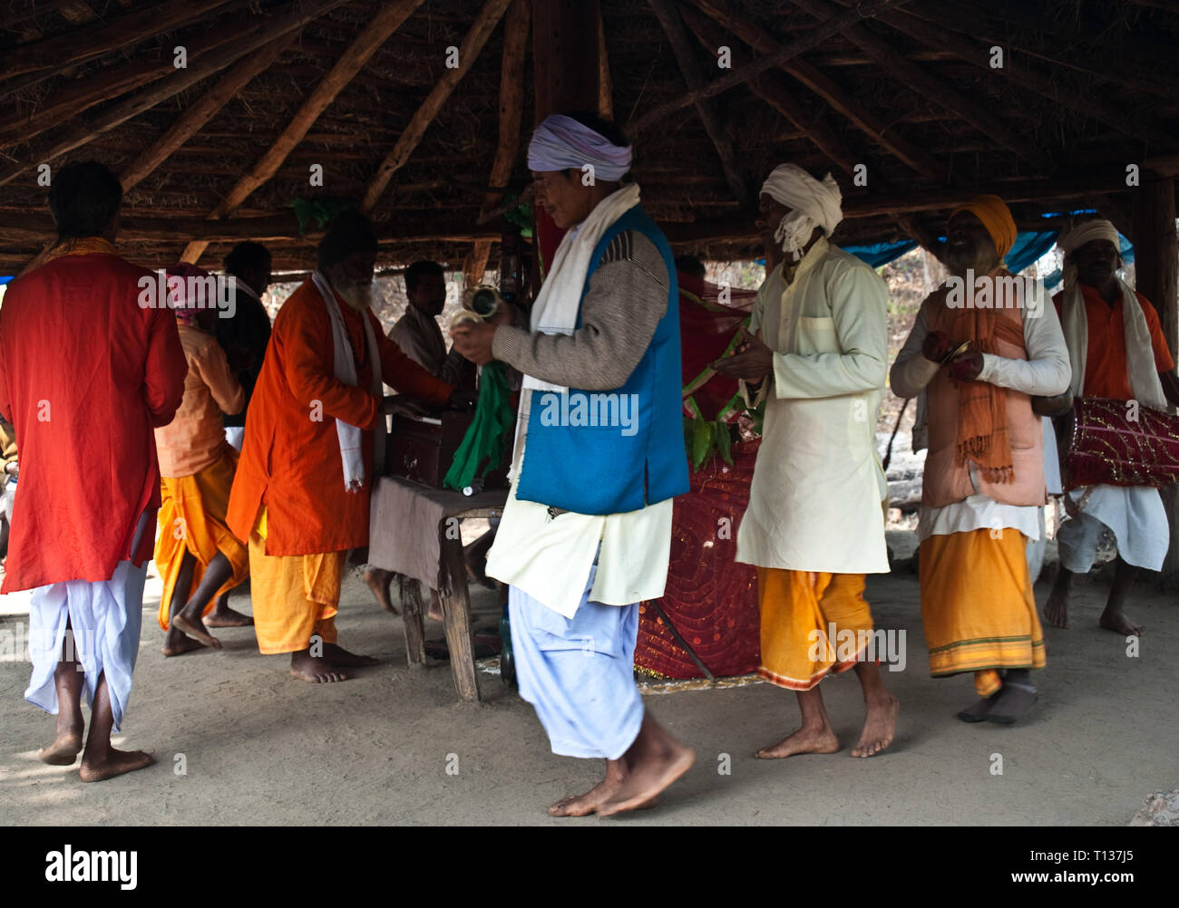 Rituale in onore del dio indù Shiva. Rituale eseguita dagli uomini della tribù Gond ( India) Foto Stock