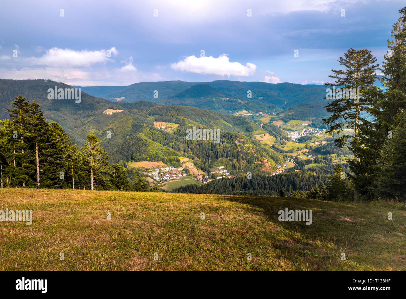 Vista sulla valle e la città di Bad Peterstal con creste di montagna della Foresta Nera, Germania Foto Stock