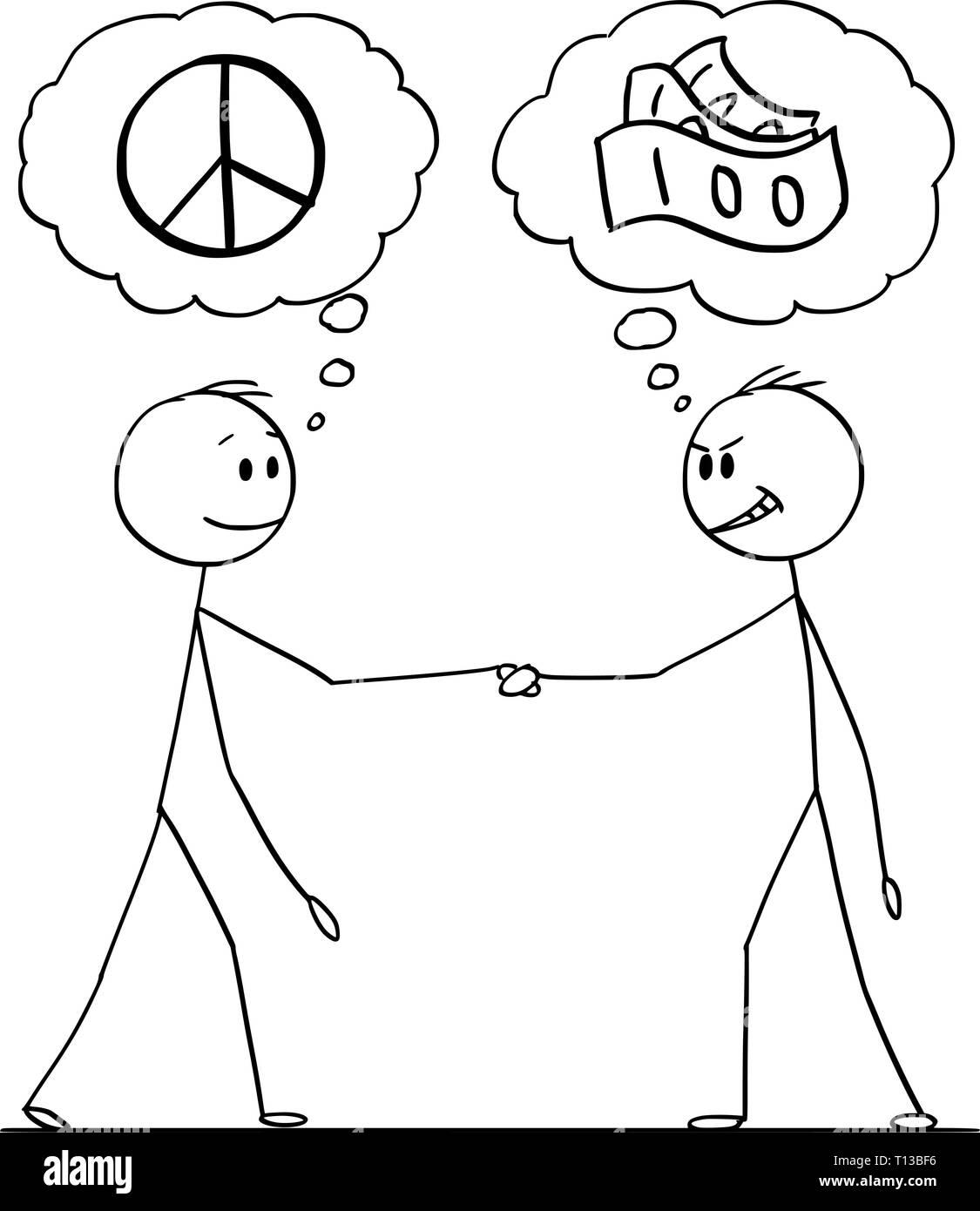 Cartoon stick figura disegno illustrazione concettuale di due uomini o imprenditori o politici lo handshaking di fumetti con pace e simbolo di denaro. Negoziazione con aspettative differenti. Illustrazione Vettoriale