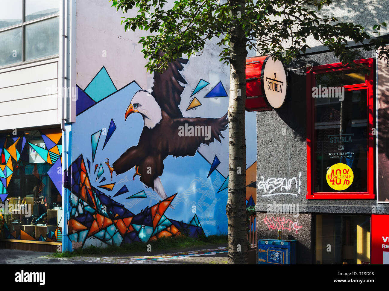 Vecchia casa dipinte con murales nel centro della città di Reykjavik, Islanda Foto Stock