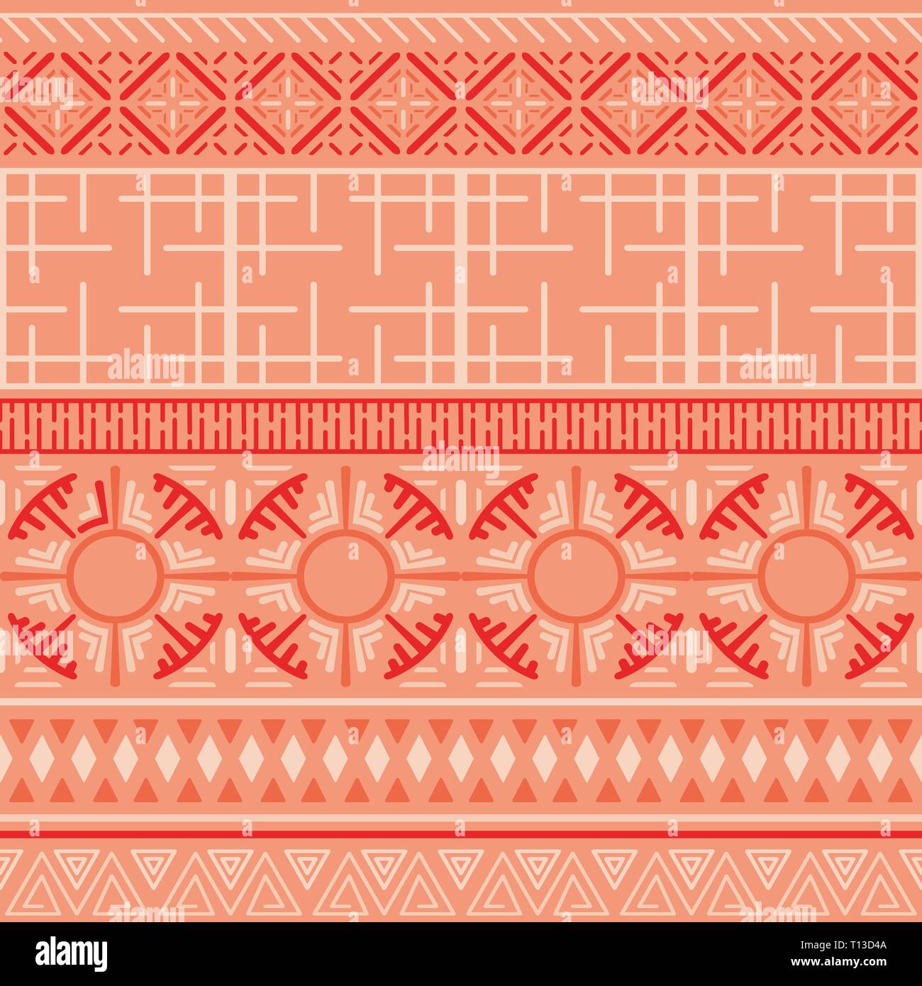 Ornamento etnico, motivo geometrico senza cuciture in colori trendy del 2019, corallo vivente. Illustrazione Vettoriale