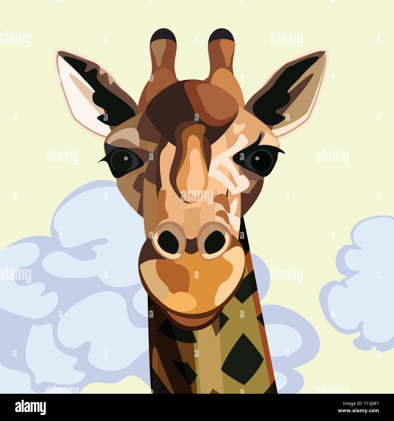 Viso e collo di una giraffa dalla parte anteriore con un cielo giallo e fuga di nuvole dietro Illustrazione Vettoriale