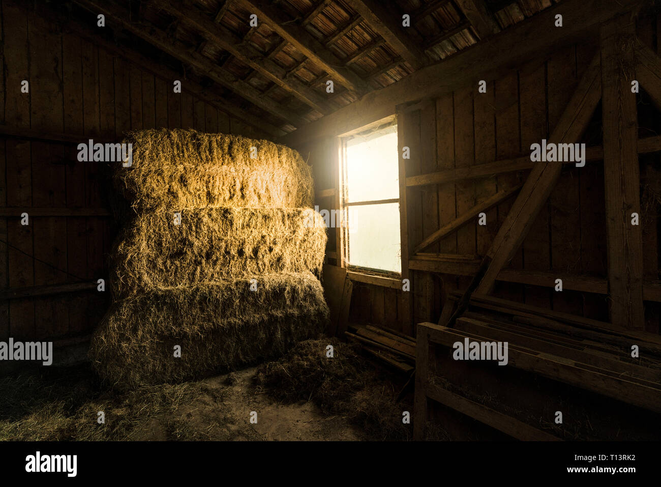 Azienda agricola tradizionale fienile con balle di paglia e luce proveniente attraverso la finestra Foto Stock