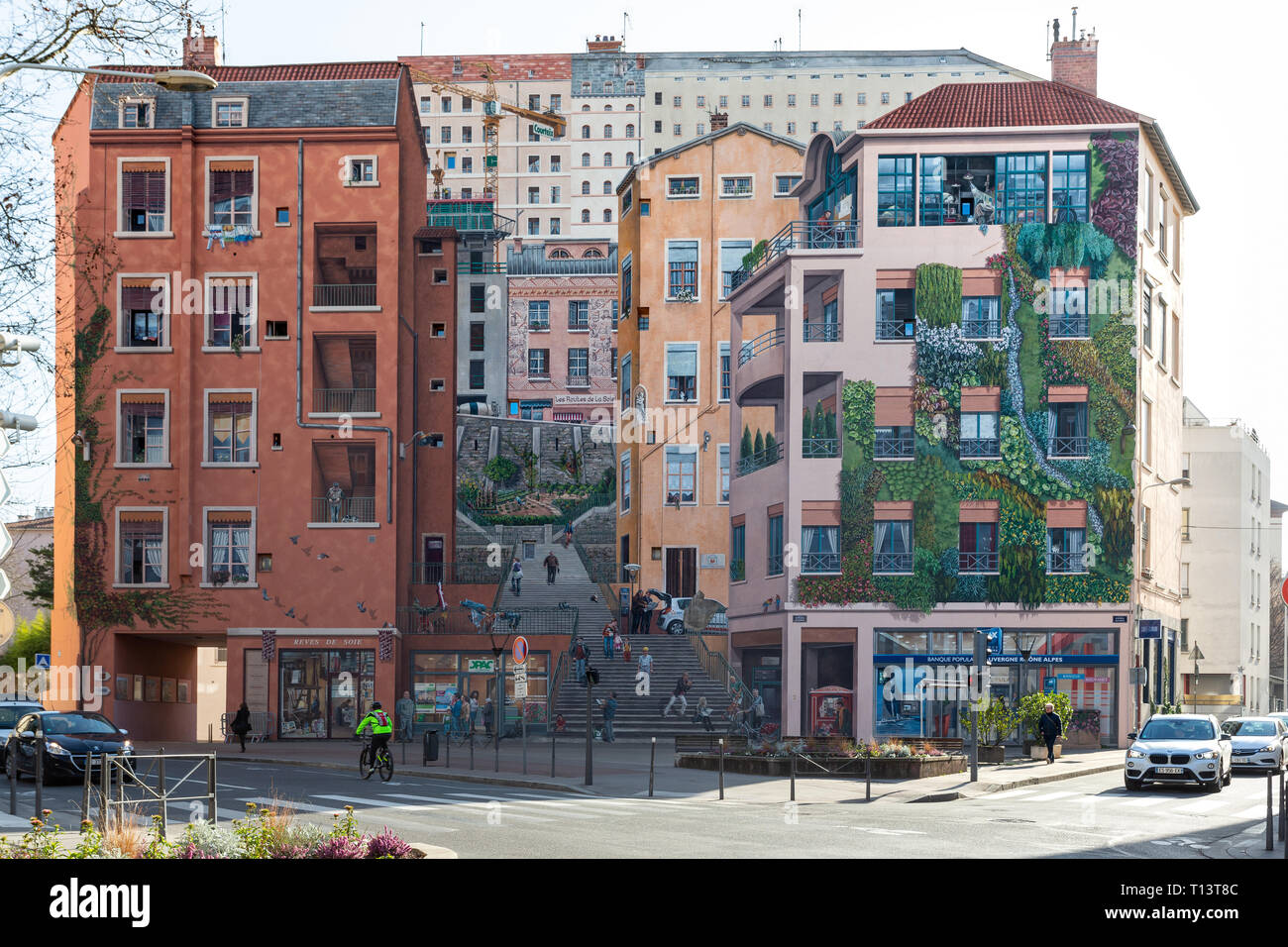 Mur des canuts a La Croix Rousse quartiere, Lione. Francia Foto Stock