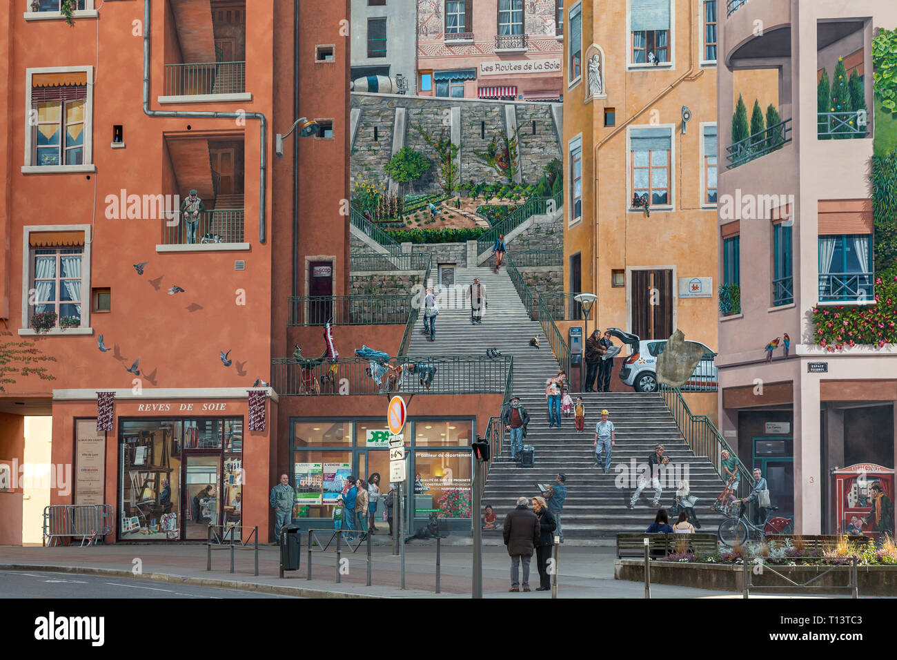 Mur des canuts a La Croix Rousse quartiere, Lione. Francia Foto Stock