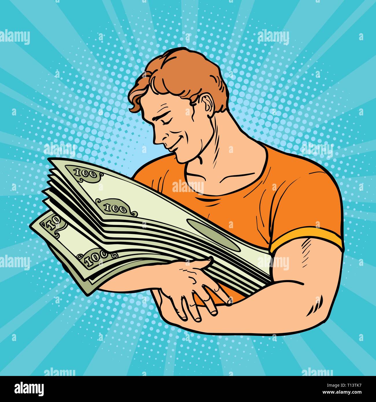L'uomo ama il denaro, la cura e la conservazione delle finanze Illustrazione Vettoriale