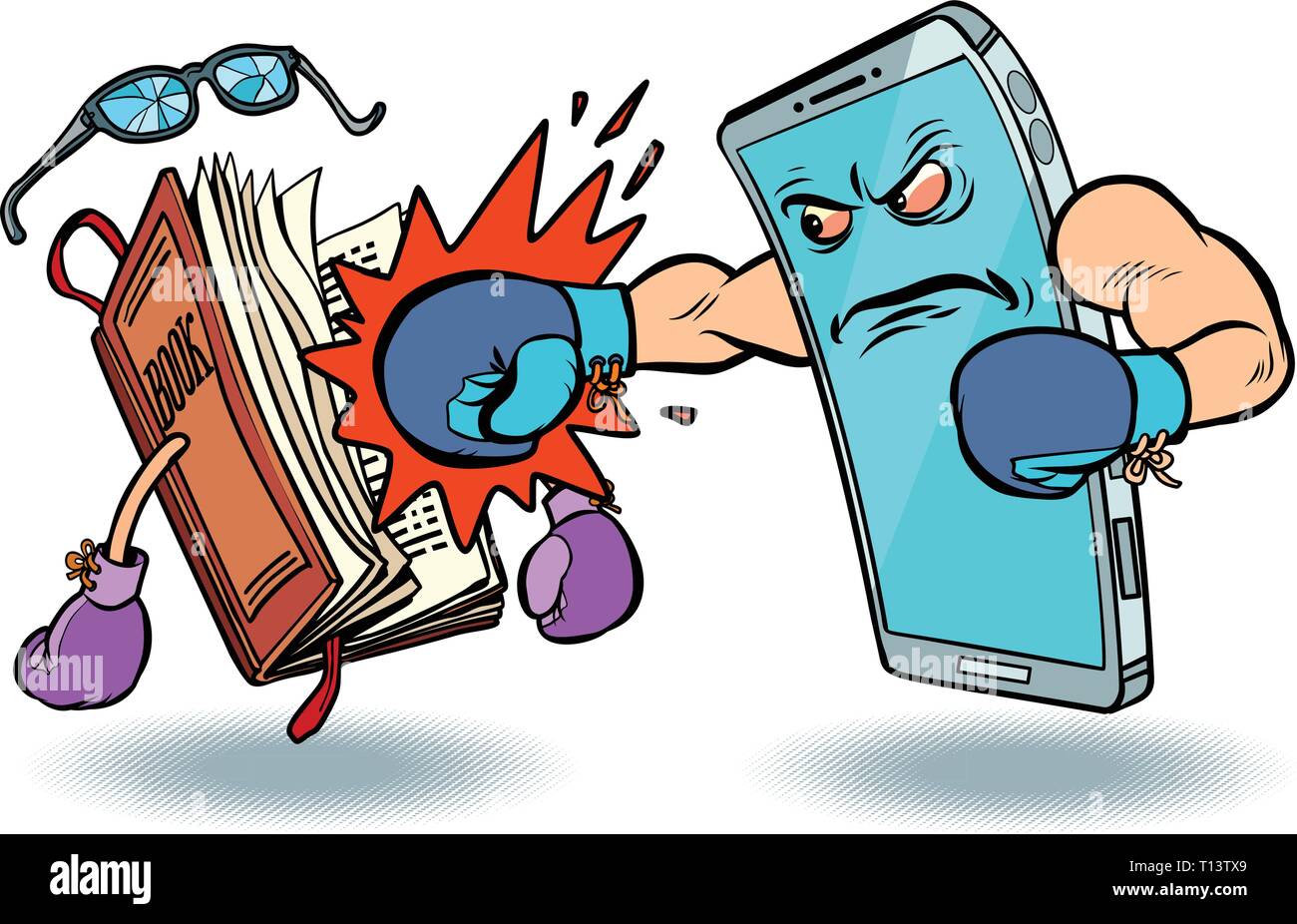 Smartphone contro libro. inimicizia di tecnologia e di concetto della coltura Illustrazione Vettoriale