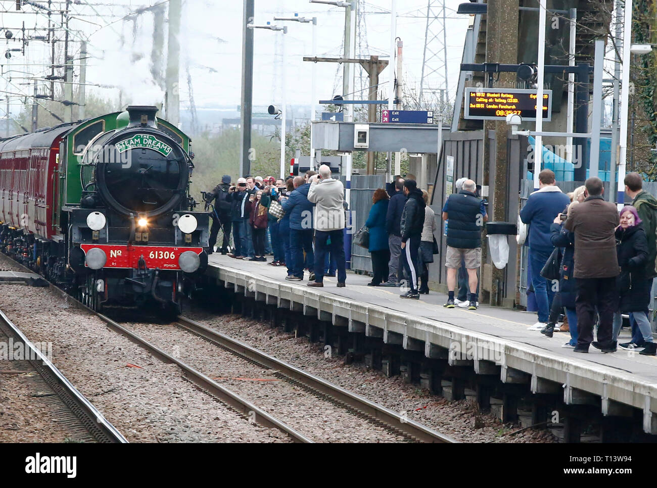 Rainham, Regno Unito. 23 marzo, 2019. Mayflower attraversando il paese di Essex lato e fermandosi a Rainham Essex stazione. Il Mayflower 61306 è uno dei due sopravvissuti di B1 locomotive classe fu costruito per il London & North Eastern Railway, 61306 Mayflower è uno dei due sopravvissuti di B1 classe locomotive. Il B1's erano concepiti come il traffico misto di locomotori in grado di tirare express treni passeggeri nonché il traffico merci. Come potente, andare ovunque i motori, il B1's ha lavorato in tutta la maggior parte del Regno Unito della rete ferroviaria da East Anglia in Scozia. Credit: Azione Foto Sport/Alamy Live News Foto Stock