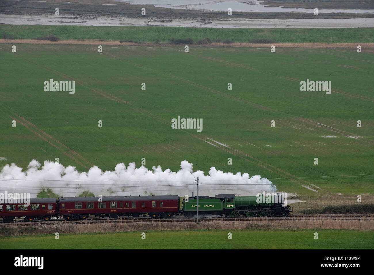 Hadleigh, Essex, Regno Unito. 23 mar 2019. Le grandi Giornate di Steam Railway travel restituito a Essex per un viaggio speciale da Southend on Sea per la ferrovia Bluebell a Sheffield Park East Sussex. Costruito per la London & North Eastern Railway, 61306 Mayflower è uno dei due sopravvissuti di B1 classe locomotive. Il B1's erano concepiti come il traffico misto di locomotori in grado di tirare express treni passeggeri nonché il traffico merci. Credito: MARTIN DALTON/Alamy Live News Foto Stock