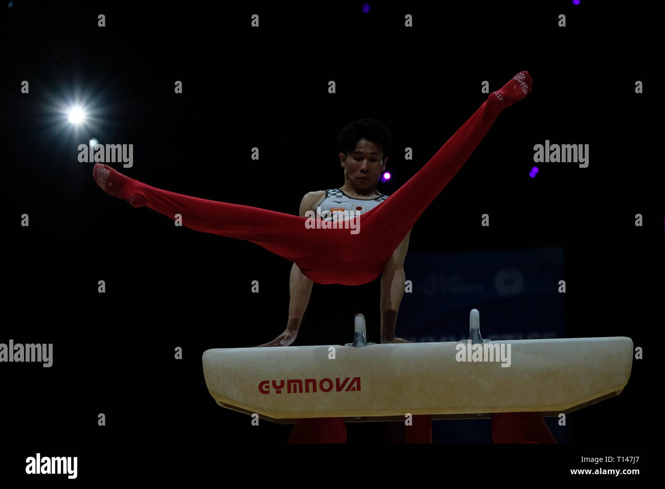 Birmingham, Regno Unito. 23 Mar, 2019. Kazuma Kaya (JPN) effettuando in corrispondenza di uomini della concorrenza per la ginnastica di Coppa del Mondo a Birmingham, Regno Unito. Credito: Giovanni Strondl/Alamy Live News Foto Stock