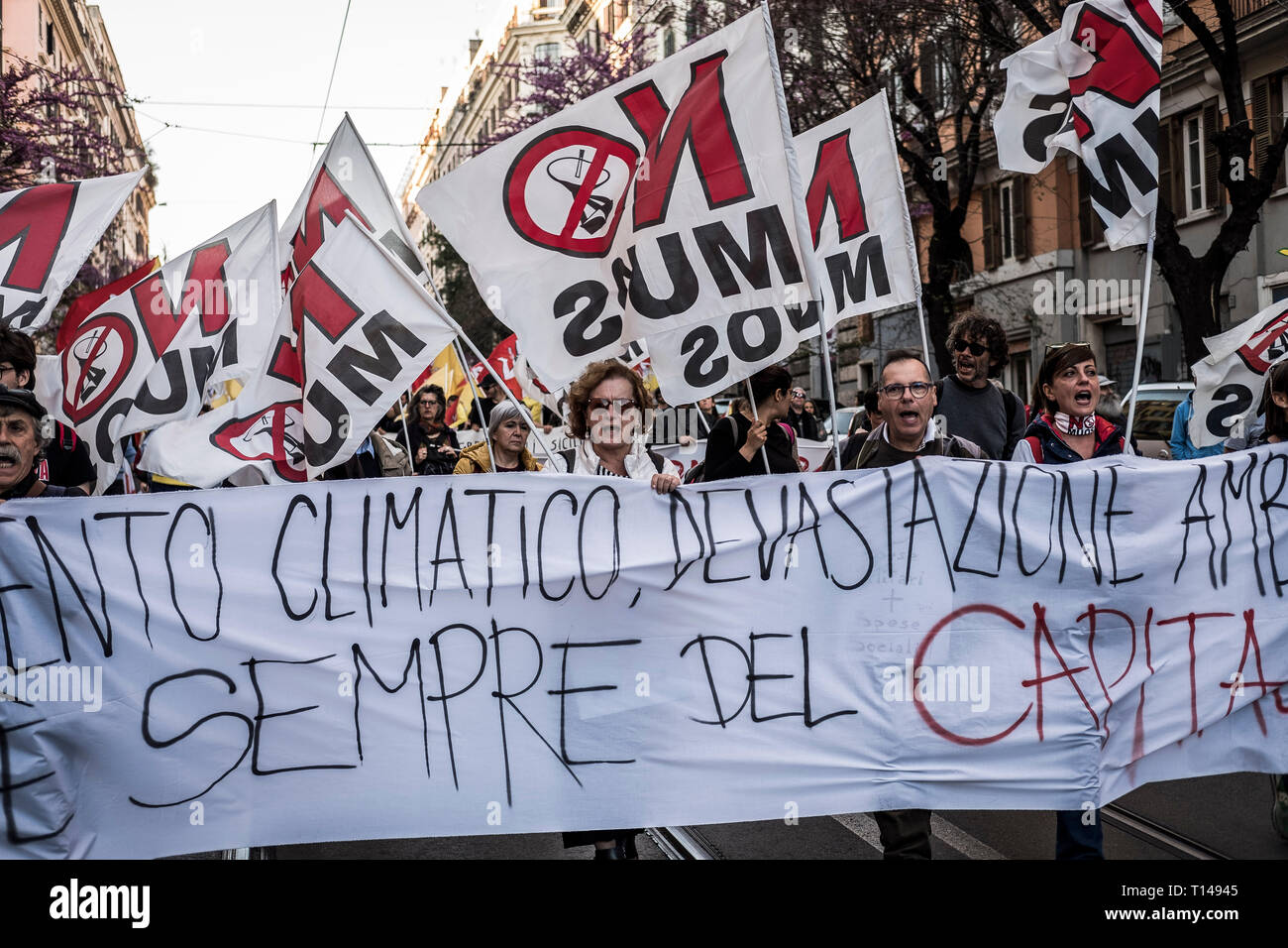 Roma, Italia. 23 marzo, 2019. Migliaia di persone ha tenuto una manifestazione per chiedere di fermare il riscaldamento globale e per il cambiamento climatico e contro la TAV (Torino - Lione ad alta velocità ferroviaria), il rubinetto (Trans Adriatic Pipeline) e contro il MOU stazione di terra in Sicilia. Credito: Giuseppe Ciccia/Alamy Live News Foto Stock