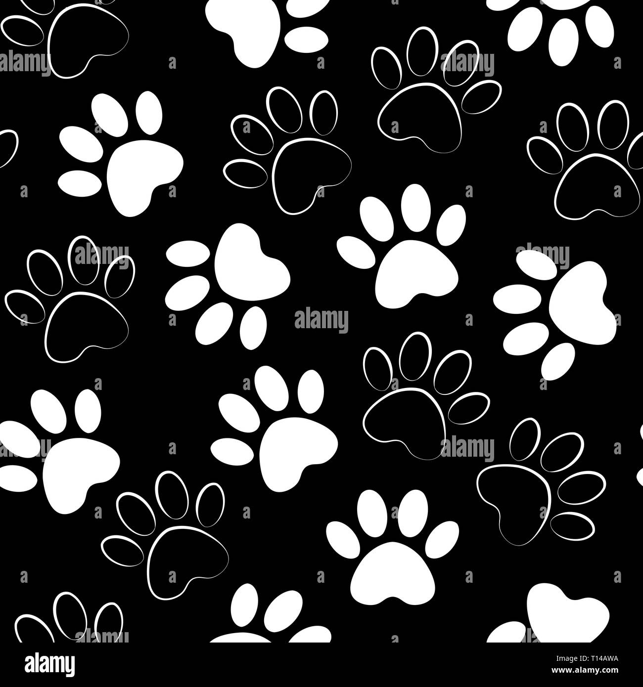 Sfondo con sagome di gatto o cane footprint. Illustrazione Vettoriale zampa animale via pattern. Paw stampa perfetta. Illustrazione Vettoriale