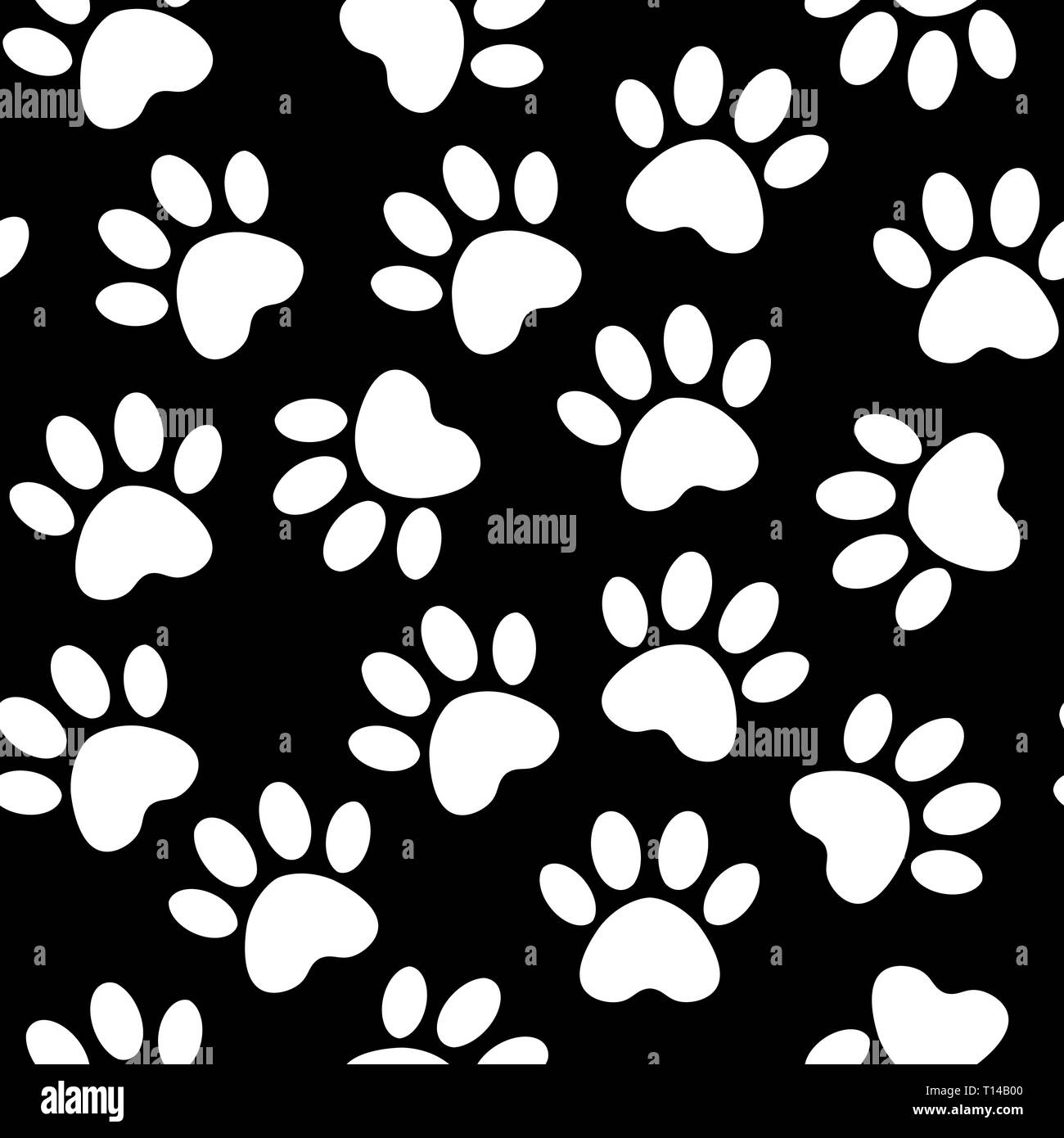 Sfondo con sagome di gatto o cane footprint. Illustrazione Vettoriale zampa animale via pattern. Paw stampa nera senza cuciture. Illustrazione Vettoriale