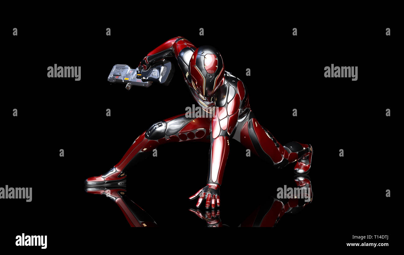 Il futuristico android soldato in bulletproof armor, cyborg militari armati con sci-fi pistola fucile accovacciato su sfondo nero, rendering 3D Foto Stock