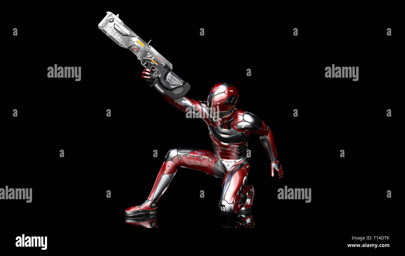 Il futuristico android soldato in bulletproof armor, cyborg militari armati con sci-fi pistola fucile accovacciato e riprese su sfondo nero, rendering 3D Foto Stock