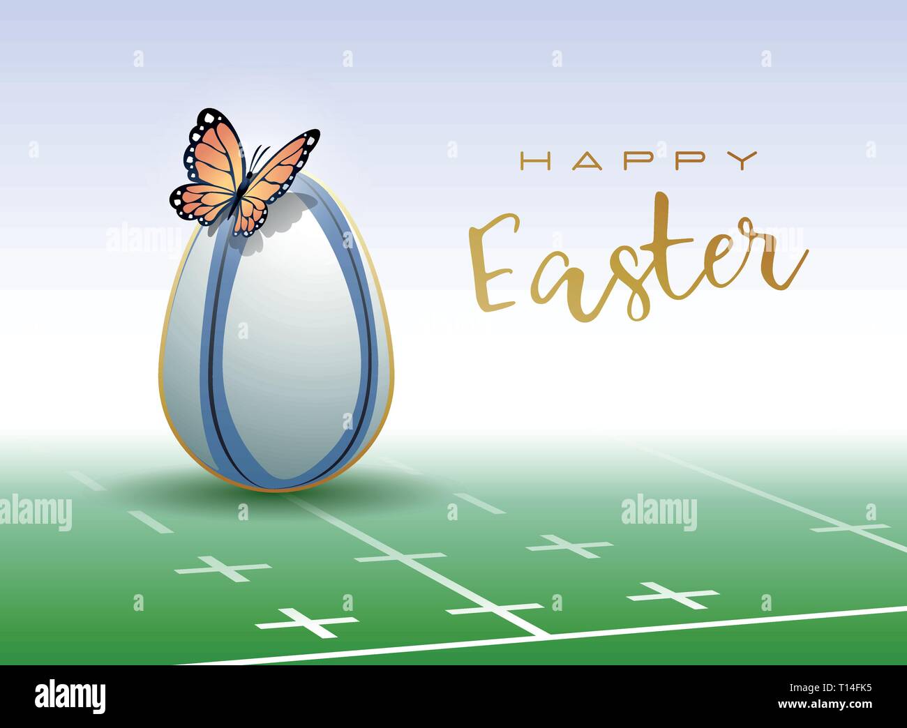 Felice Pasqua. Uovo di Pasqua nella forma di un pallone da rugby con farfalla. Illustrazione Vettoriale. Illustrazione Vettoriale