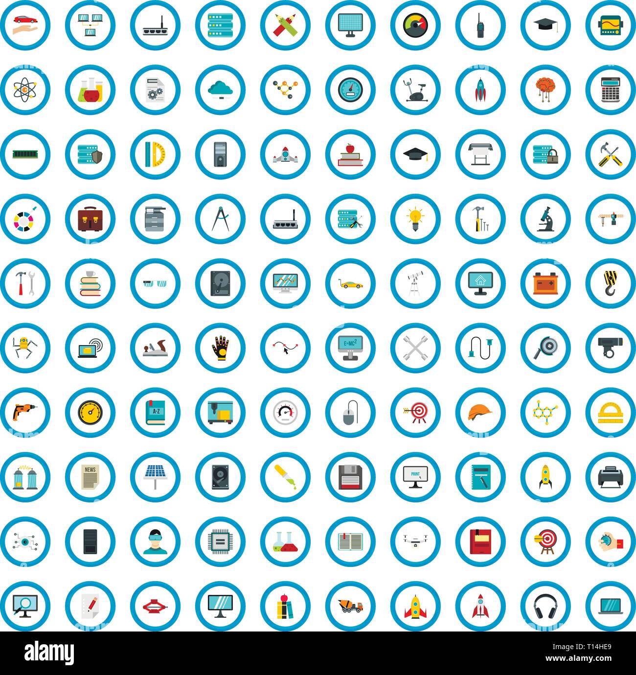100 Ingegneria meccanica di set di icone di stile di Piana Illustrazione Vettoriale