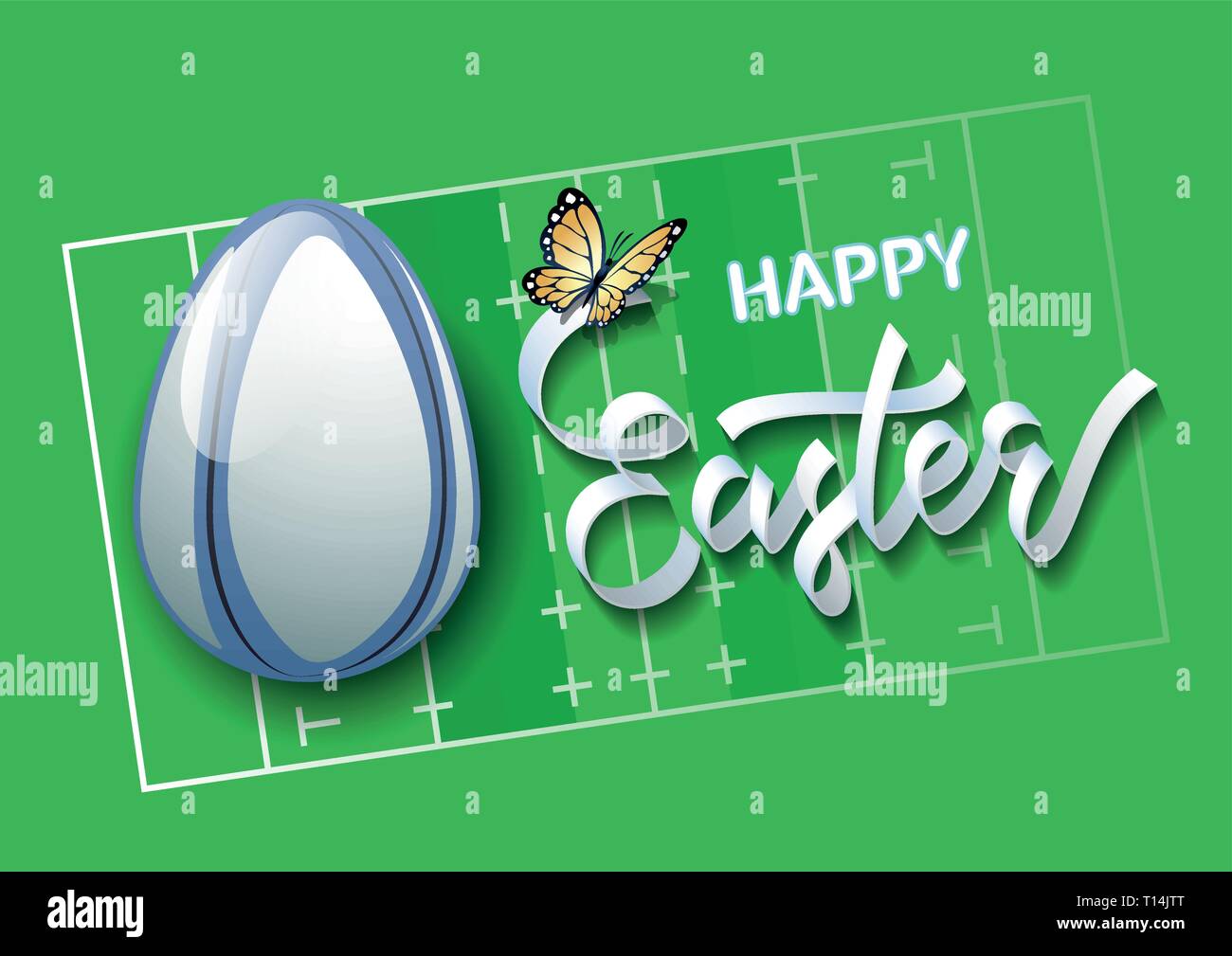 Felice Pasqua. Uovo di Pasqua nella forma di un pallone da rugby su un campo da rugby sfondo. Illustrazione Vettoriale. Illustrazione Vettoriale