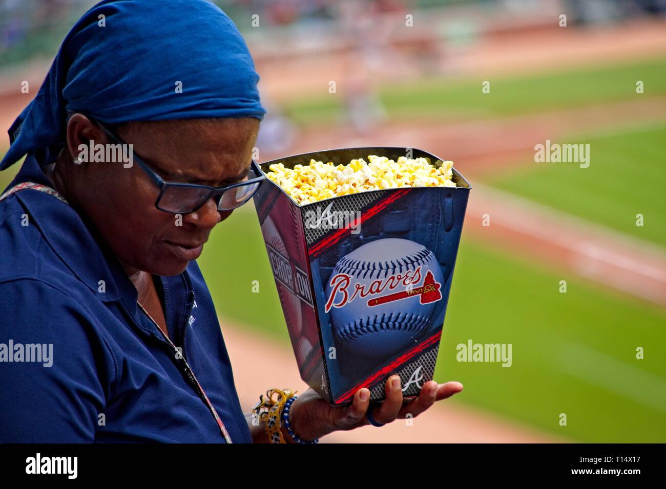 ATLANTA, GEORGIA - 5 Settembre 2018: Atlanta Braves home assolcatore è il 1 aprile 2019 contro il Chicago Cubs Foto Stock