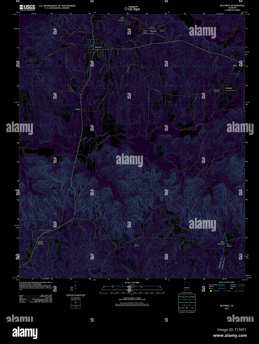 USGS TOPO Map Alabama AL Beatrice 20110909 TM invertiti Foto Stock