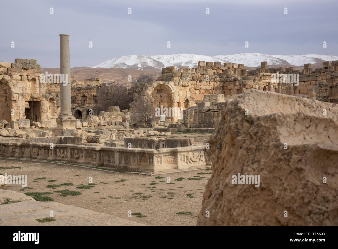 Decorazioni scolpite in un antico tempio romano di Bacco, Baalbek, sito patrimonio dell'umanità il Libano. Foto Stock