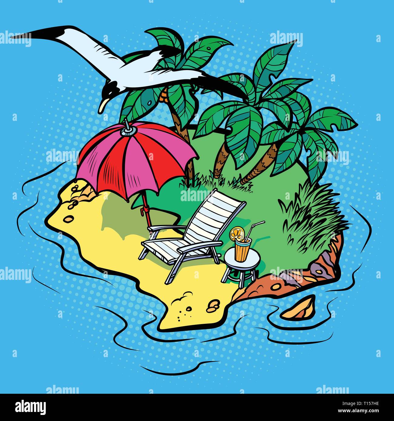 Tropical Island resort turistico spiaggia chaise longue bird Seagull Illustrazione Vettoriale