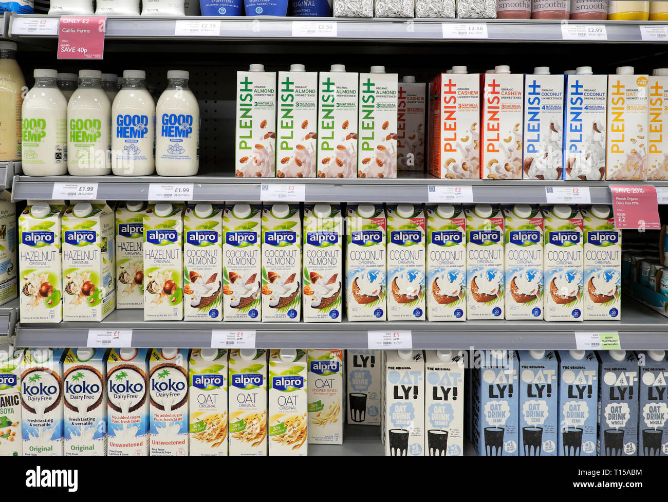 Lattosio latticini senza vegan salute bevande latte in cartoni e bottiglie su uno scaffale di refrigerazione a Waitrose supermercato a Londra Inghilterra UK KATHY DEWITT Foto Stock
