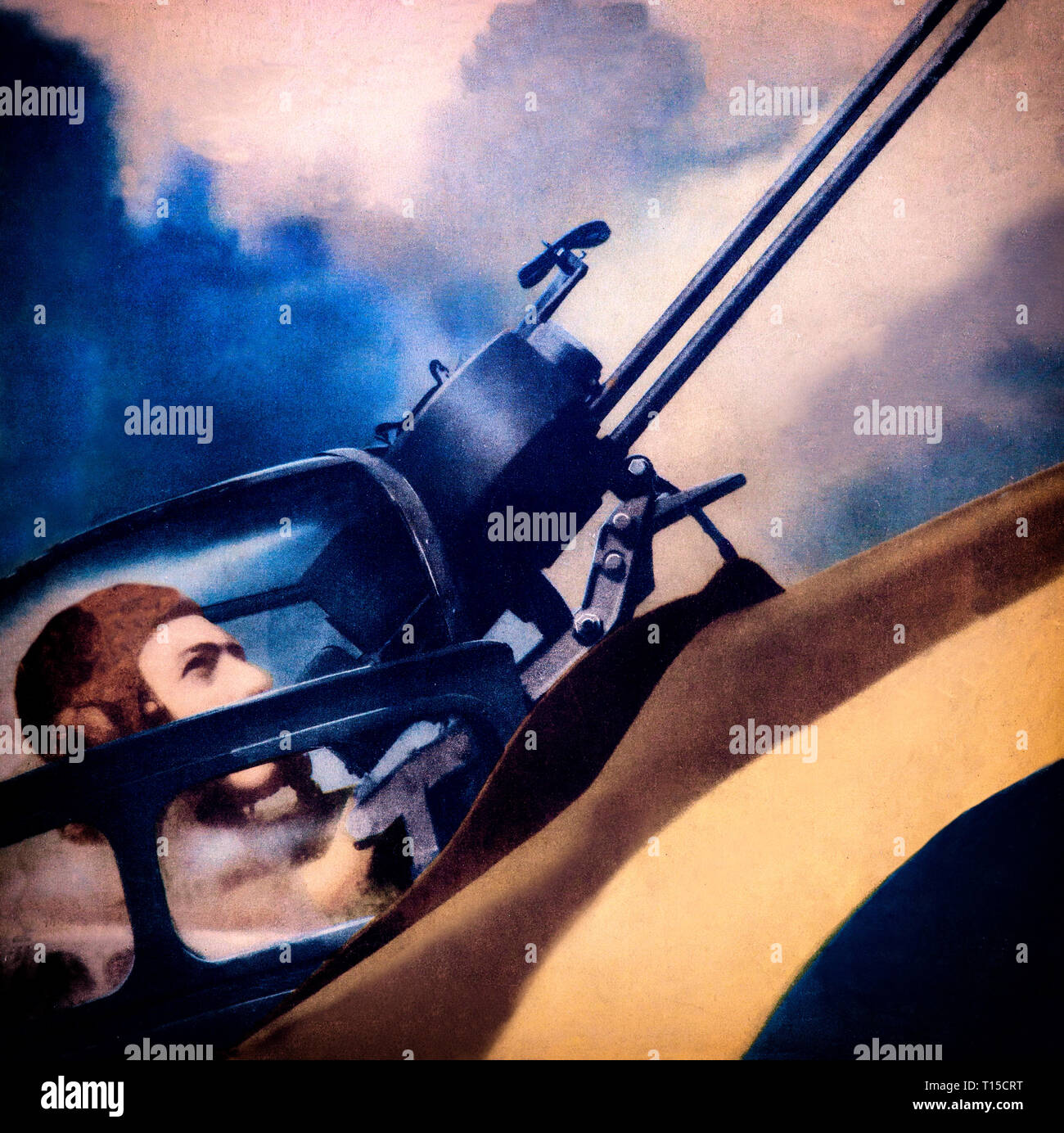 Una rara fotografia a colori di una guerra mondiale 2 gunner, possibilmente in un Boulton Paul ribelle, coprire il colpo da 'La RAF in guerra". Foto Stock