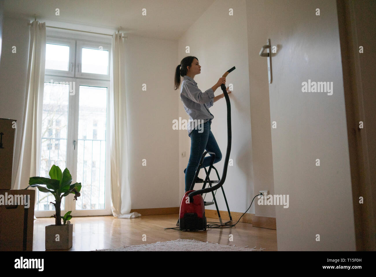 Giovane donna in piedi sulla scaletta, hoovering la sua nuova casa Foto Stock