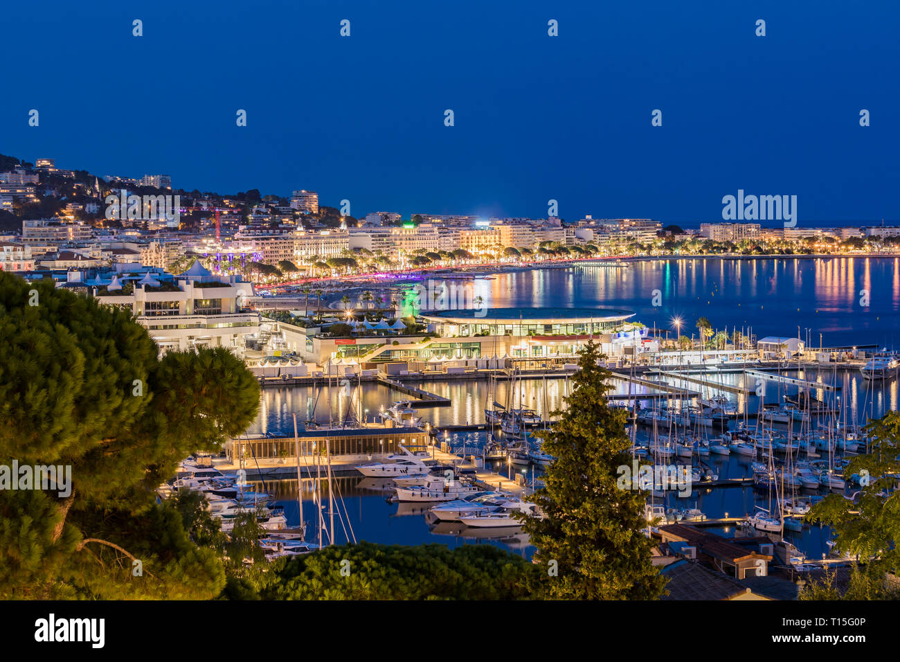 Francia, Provence-Alpes-Côte d'Azur, Cannes, Marina e Boulevard de la Croisette di sera Foto Stock