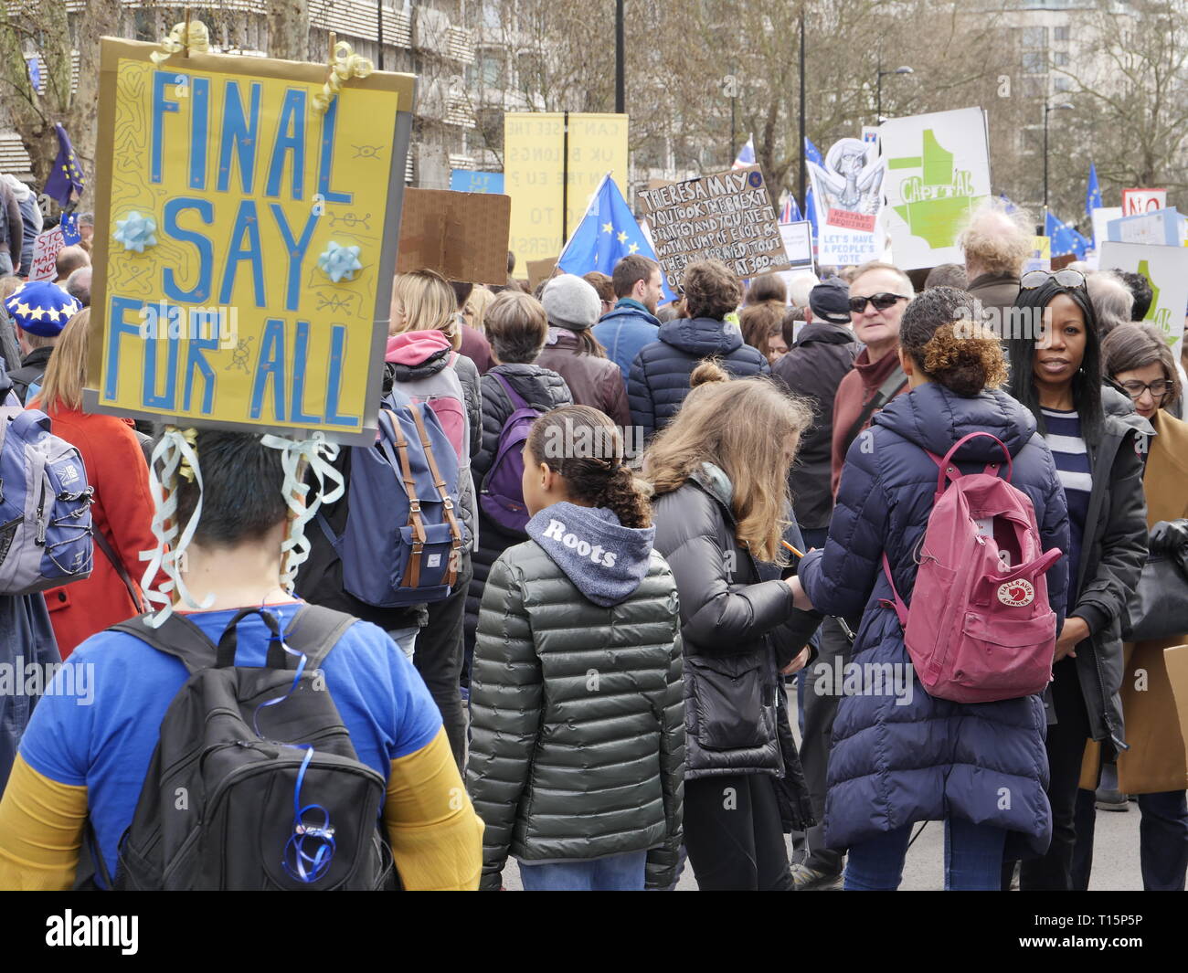 Londra, Inghilterra. 23 marzo, 2019. Migliaia di persone da marzo a Westminster per chiedere un secondo referendum sulla necessità o meno che la Gran Bretagna dovrebbe lasciare l'UE. Credito: Anna Stowe/Alamy Live News Foto Stock